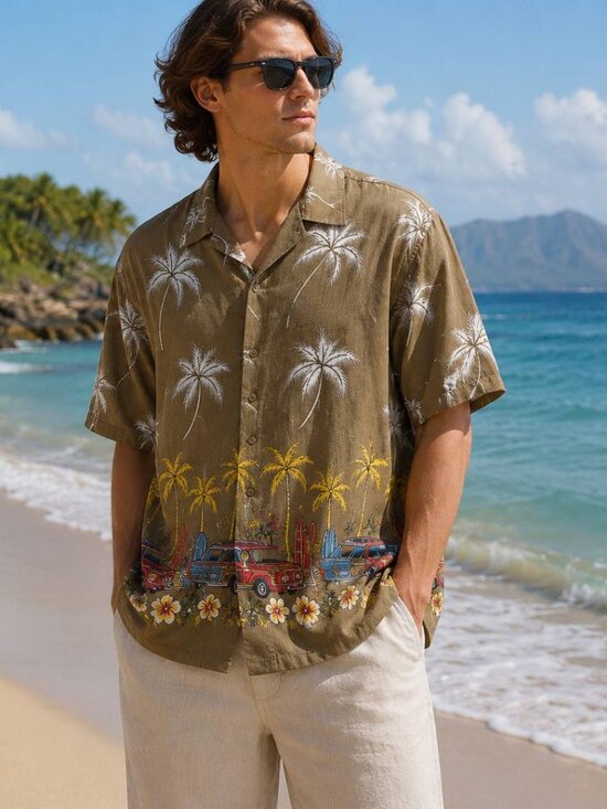 Endocraft Other - Indocraft Men's Size M Brown Taupe Woody Wagon Palm Tree Rayon Hawaiian Shirt